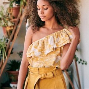 Sezane Yellow and White One-Shoulder Tank Top